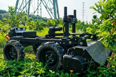 The RM80 is a 143 kg, all-electric mowing robot built for orchard management, land reclamation, and field stubble removal. Photos: XAG