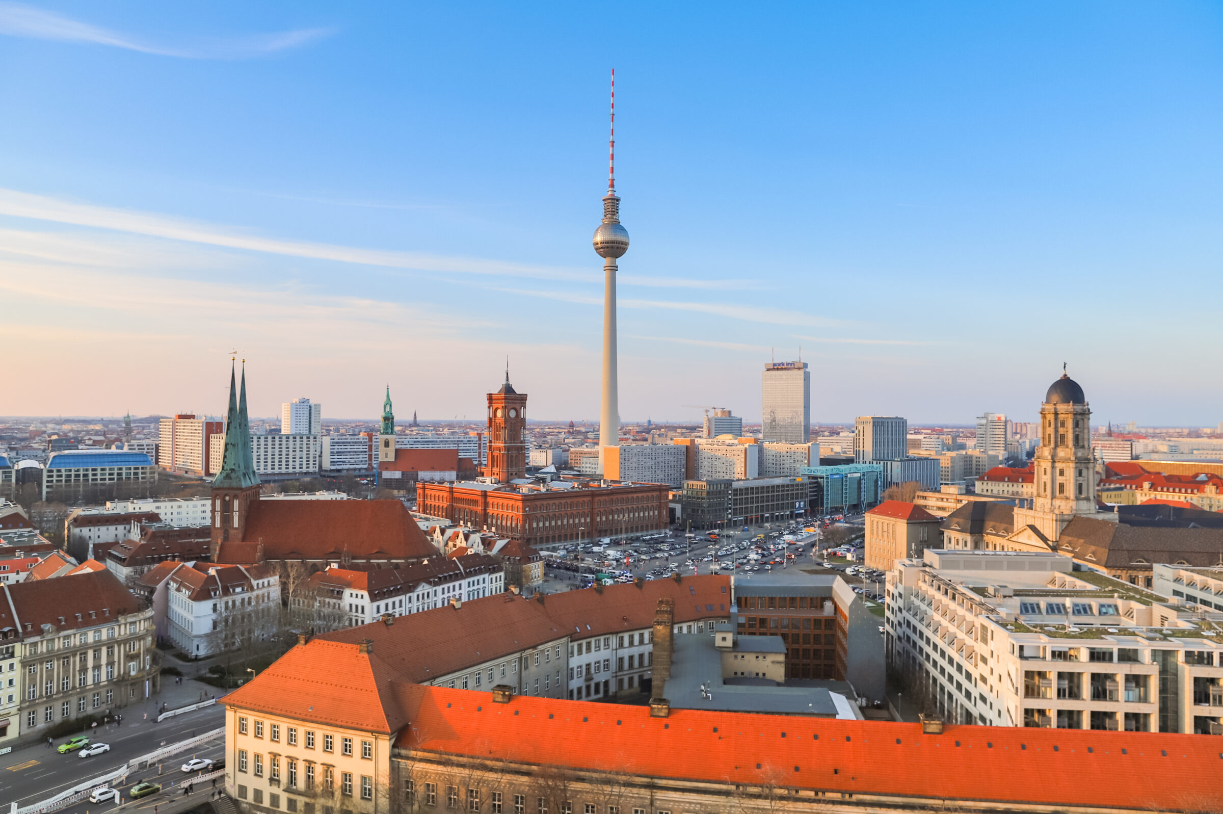 Berlin's famous communist-era TV tower, with the Rotes Rathaus (Red Townhall) in the foreground