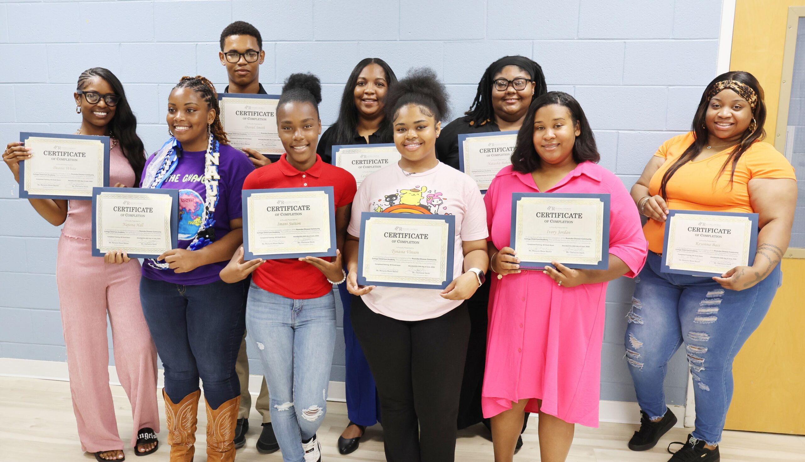Roanoke-Chowan Community College celebrated the graduates of its third and final Child Care Academy cohort on June 26. Graduates included, front row from left, Deasia White, Najiona Hall, Imani Sutton, Tynasia Vinson and Ivory Jordan; and second row from left, Daniel Smith, Leslie Avent, Natasha Baker and Keyonna Bass.
