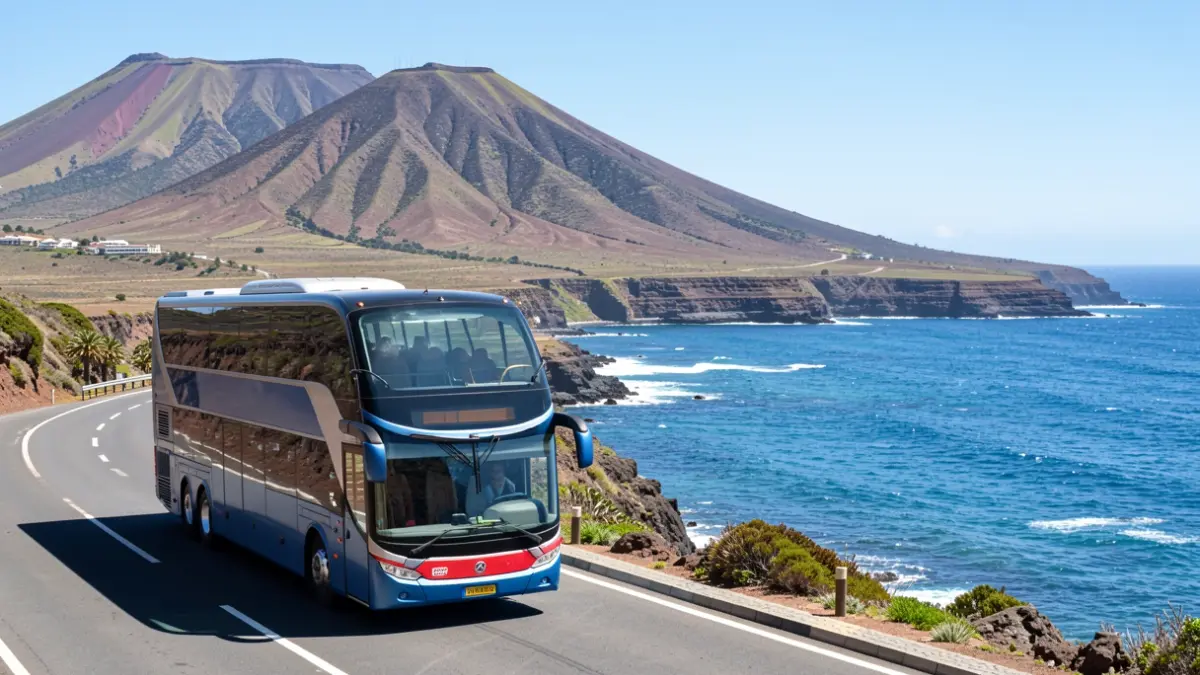 Double-decker bus driving along the northern coast of Tenerife.