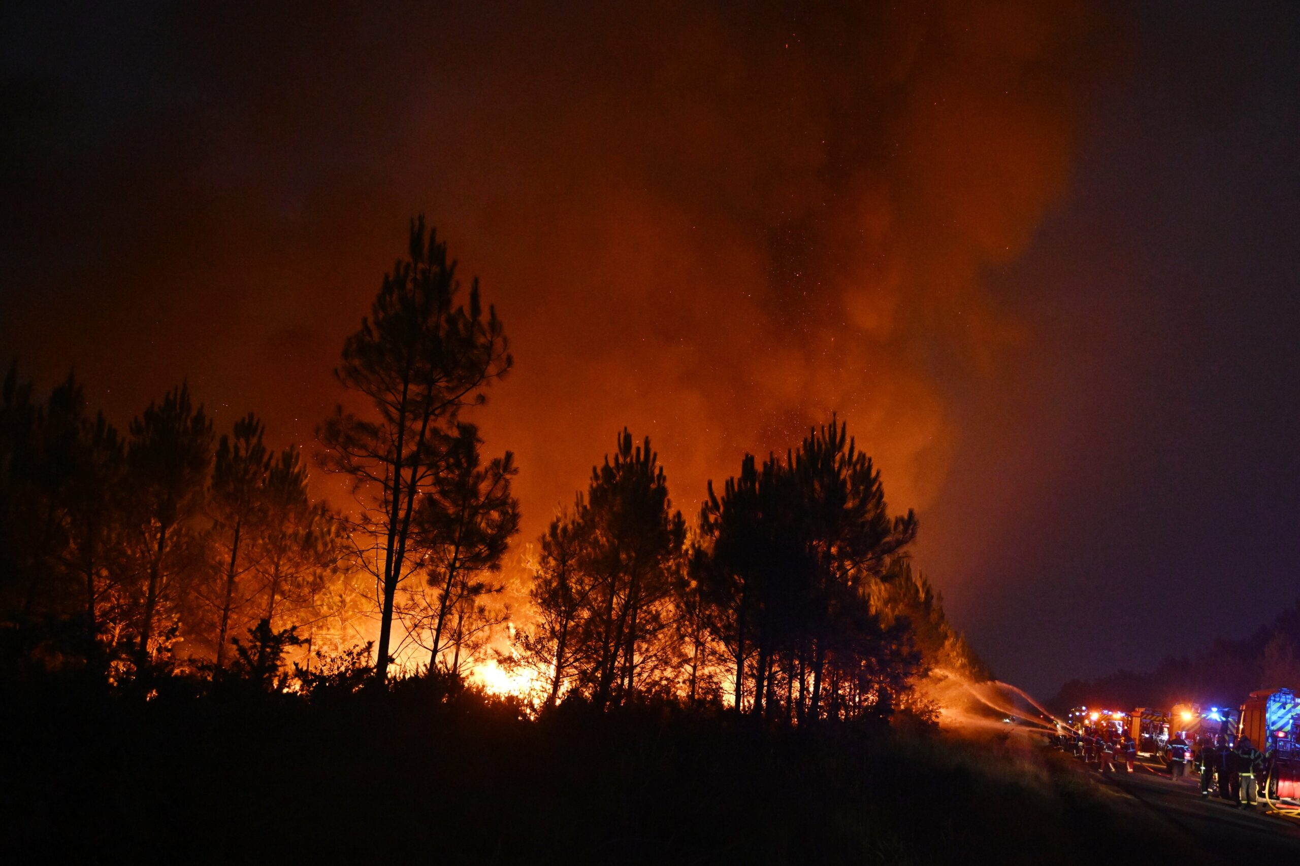 Firefighters battle a blaze outside Lanton, during wildfires in southwestern France,