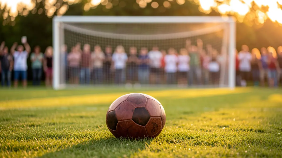 Generic image of a football on grass with a blurred goal net.
