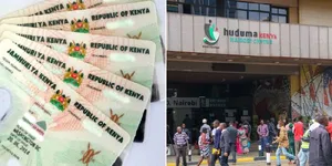 A collage of the Nairobi GPO Huduma Centre, and a collection of uncollected National IDs.