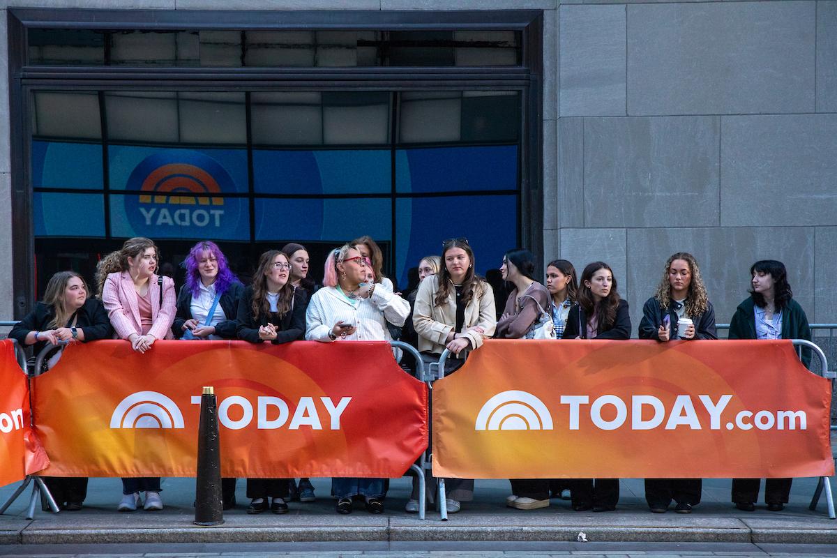 OHIO students stand outside near the Today Show banner while in New York City