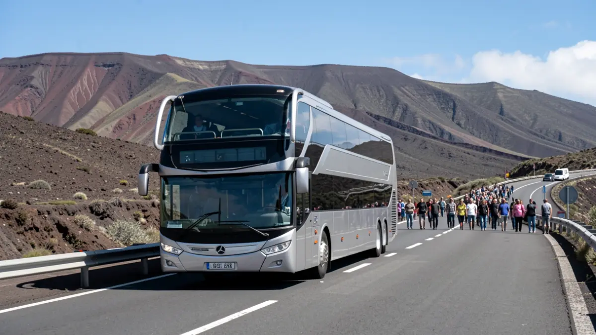 Double-decker bus driving on a highway in Tenerife, with volcanic landscape and blue sky in the background.