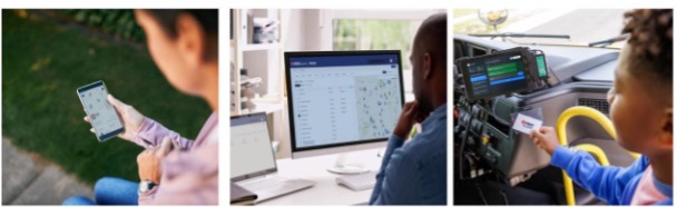 Three-panel image showing First Student's HALO platform in use: a parent checking real-time bus tracking on a smartphone, a dispatcher monitoring a fleet management dashboard with a live route map, and a student tapping an ID card on an in-cab tablet reader while boarding a school bus.