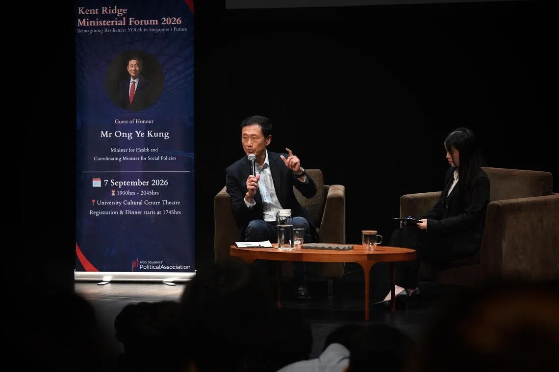 Coordinating Minister for Social Policies Ong Ye Kung speaking at the Kent Ridge Ministerial Forum at NUS’ University Cultural Centre on Sept 7.