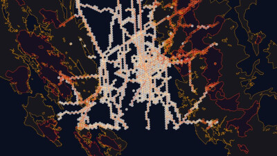 A demo app built on Wherobots scores the wildfire exposure of all 357,554 high-voltage transmission spans in California on a 0–9 scale, using fuels, vegetation, canopy, slope and nearby structures. (Demo project, not a Wherobots product.)