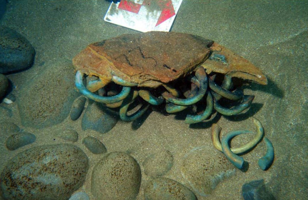 Some of the 313 manillas excavated from a Flemish trader lost in 1524 off the coast of Basque Country in northern Spain