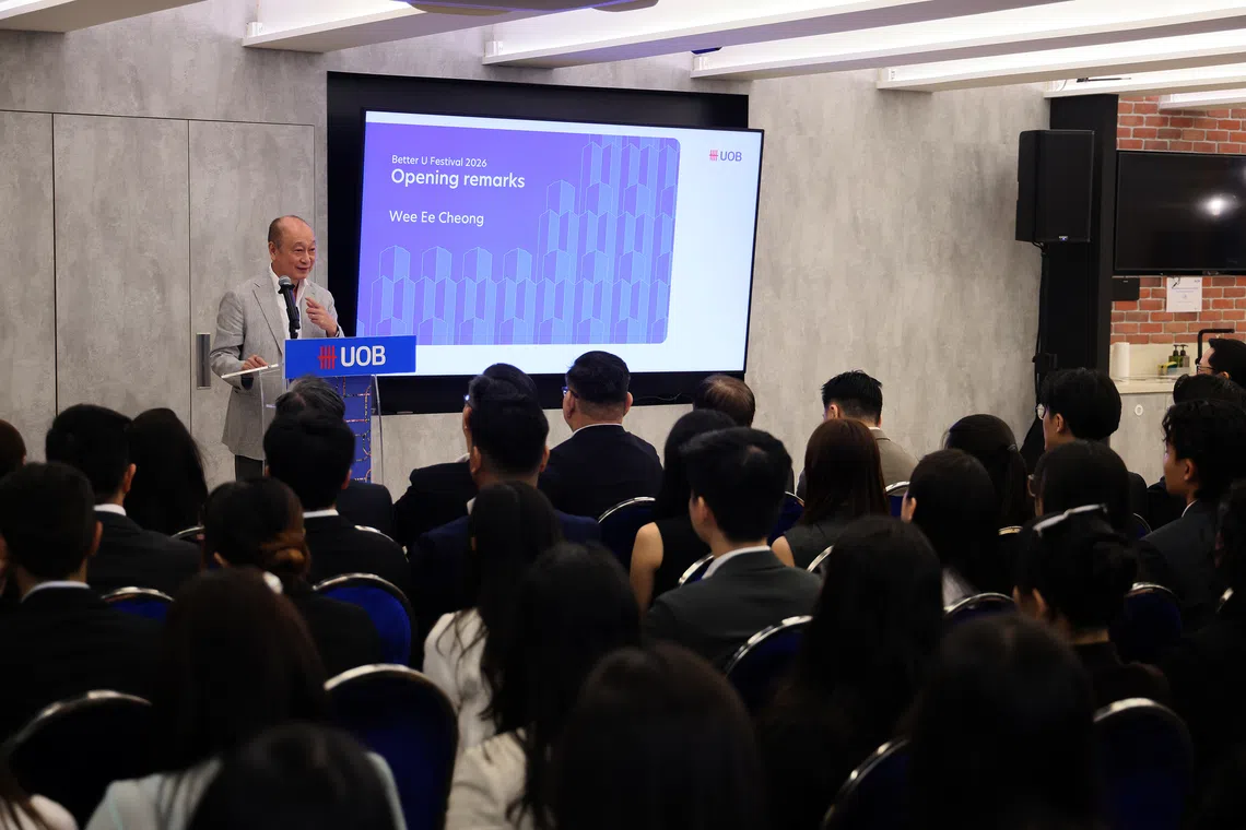 UOB chief executive Wee Ee Cheong speaking to employees at the bank’s annual employee festival Better U on Oct 8.