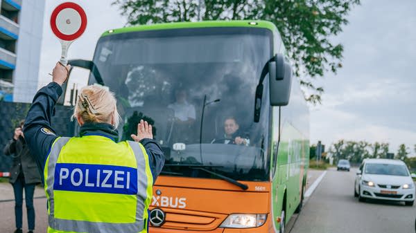 Above, German police check a bus arriving from France at the German-French border on in September 2024.