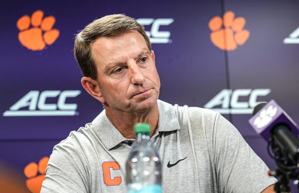 Clemson head coach Dabo Swinney speaks with media in the Smart Family Media Center at the Poe Indoor Facility in Clemson, S.C.