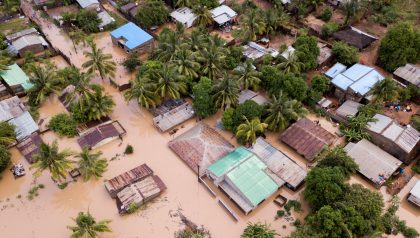 Aerial view overhead flooded houses in Mozambique